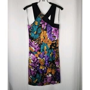 Trina Turk Dress Multicolor Pixelated 100% Silk Criss Cross Neck Size 2